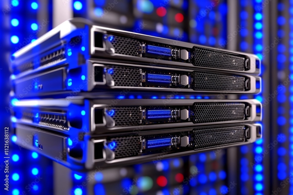 Poster A close-up of a glowing database server rack in a modern data center, surrounded by blue LED lights