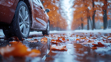 A car driving through autumn leaves and snow on a cold road surrounded by trees and a stream