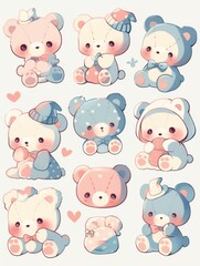 Fototapeta premium Pastel Kawaii Animal Stickers: Cute Characters in Clip Art Style