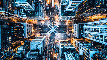 Aerial view of a bustling city intersection at night