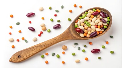 A wooden spoon is filled with a variety of colorful beans