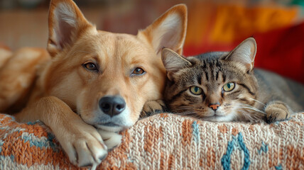 Loyal dog and playful cat resting together on cozy blanket, showcasing their bond