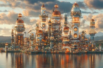 Obraz premium Futuristic cityscape development coastal region digital art vibrant sunset aerial view advanced architecture concepts