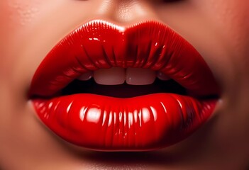 Fototapeta premium Close-Up of Glossy Red Lips with Perfect Shine and Texture