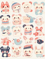 Pastel Kawaii Animal Stickers: Cute Characters in Clip Art Style