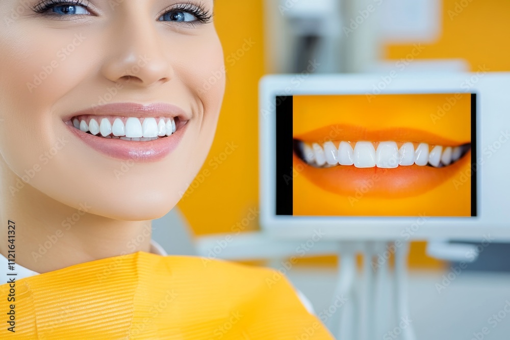 Aufkleber A digital display showing before-and-after images of a patient smile transformation, placed beside a dental chair
