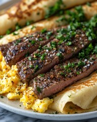 Sizzling Steak and Egg CrepesA Gourmet Delight Kitchen Table Recipe Showcase Cozy Home Culinary Adventure