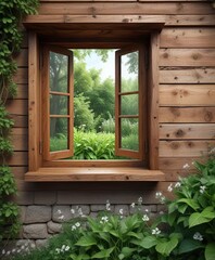 Obraz premium A wooden wall with a single window that looks out onto the garden, peaceful ambiance, garden view, wooden paneling