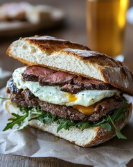 Savor the Perfect Steak and Egg SandwichA Gourmet Delight with Melted Cheese and Arugula in a Cozy Diner Setting