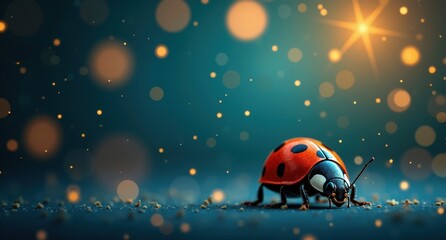 Fototapeta premium A ladybug with a red and black body, perched on a green leaf, with a golden firefly-filled blue and gold background enhancing the springtime theme.