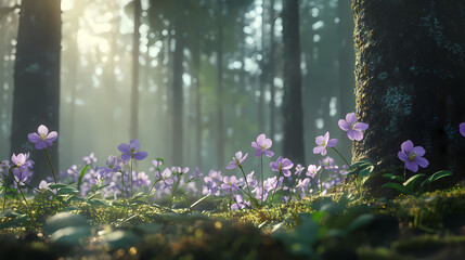 Obraz premium Close-up low angle shot of common wood sorrel blooming in estonian boreal forest. Boreal. Illustration