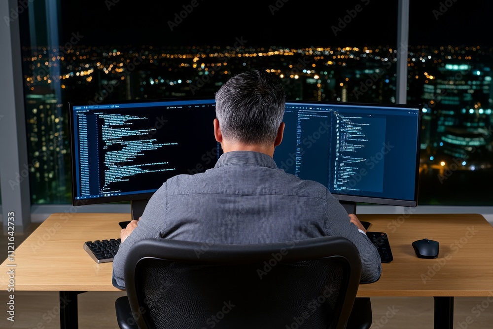 Aufkleber A dynamic shot of a web designer working on a responsive layout, with HTML code displayed on one screen and the design preview on another