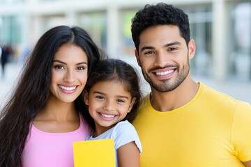 A family leaving a dental clinic, smiling and holding appointment cards for their next visit