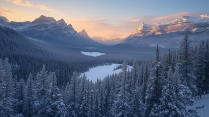 Obraz premium Snowy mountain valley at sunrise.