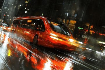 Obraz premium Bus in motion urban cityscape digital art rainy night dynamic perspective urban transportation concept