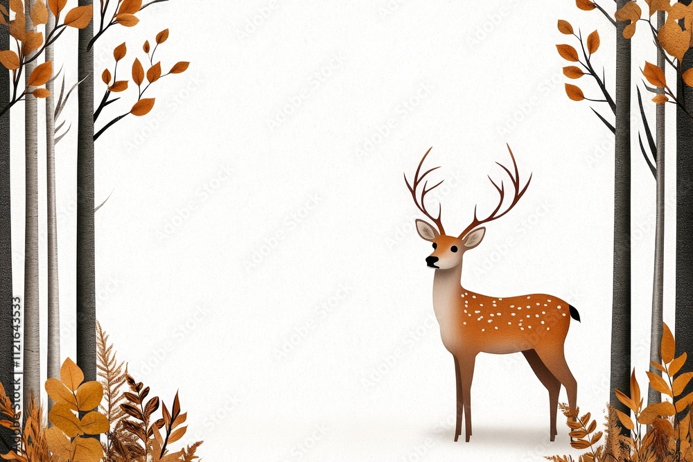 Poster A flat vector design of a deer in a forest, with minimal shading and a clean, crisp white canvas
