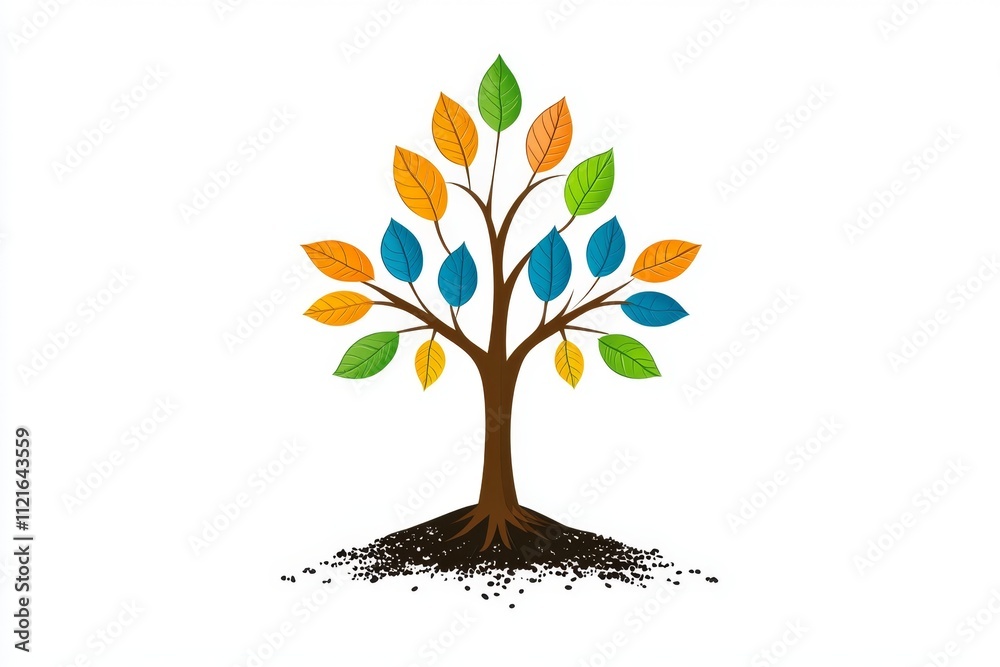 Poster A flat vector design showing a seed sprouting into a tree and returning to the soil, with vibrant colors on a clean white canvas