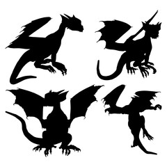 Dragon Silhouette. Dragon Crest Wings great set collection clip art Silhouette, dragon tattoo designs, Black vector illustration on white background .