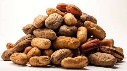 Obraz premium A large pile of pecan nuts in their shells, some showing variations in color and size, against a bright white background.
