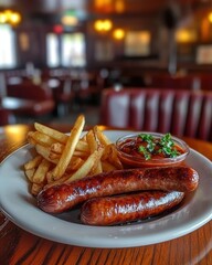 Savoring CurrywurstA Delightful Plate of German Sausage with Curry Ketchup in a Cozy Diner Setting