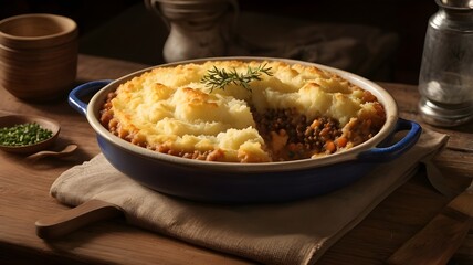 /imagine: A rustic ceramic dish filled with hearty shepherd's pie, its golden mashed potato topping perfectly crisped, surrounded by a wooden table setting with subtle natural lighting --ar 3:2 --v 4
