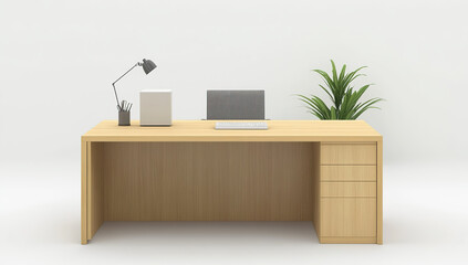 Modern Office Desk in Light-Oak with Studio-White Accents: Isolated Workspace Furniture on White Background, High-Resolution Professional Photo