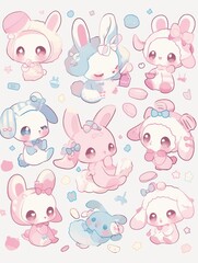 Pastel Kawaii Animal Stickers: Cute Characters in Clip Art Style