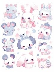 Pastel Kawaii Animal Stickers: Cute Characters in Clip Art Style