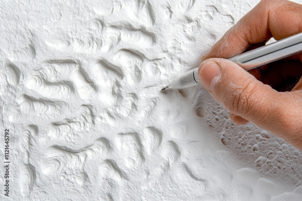 Aufkleber A hyper-realistic close-up of a designer hand sketching on a textured paper with a fine-tip pen, capturing intricate shading and lighting details