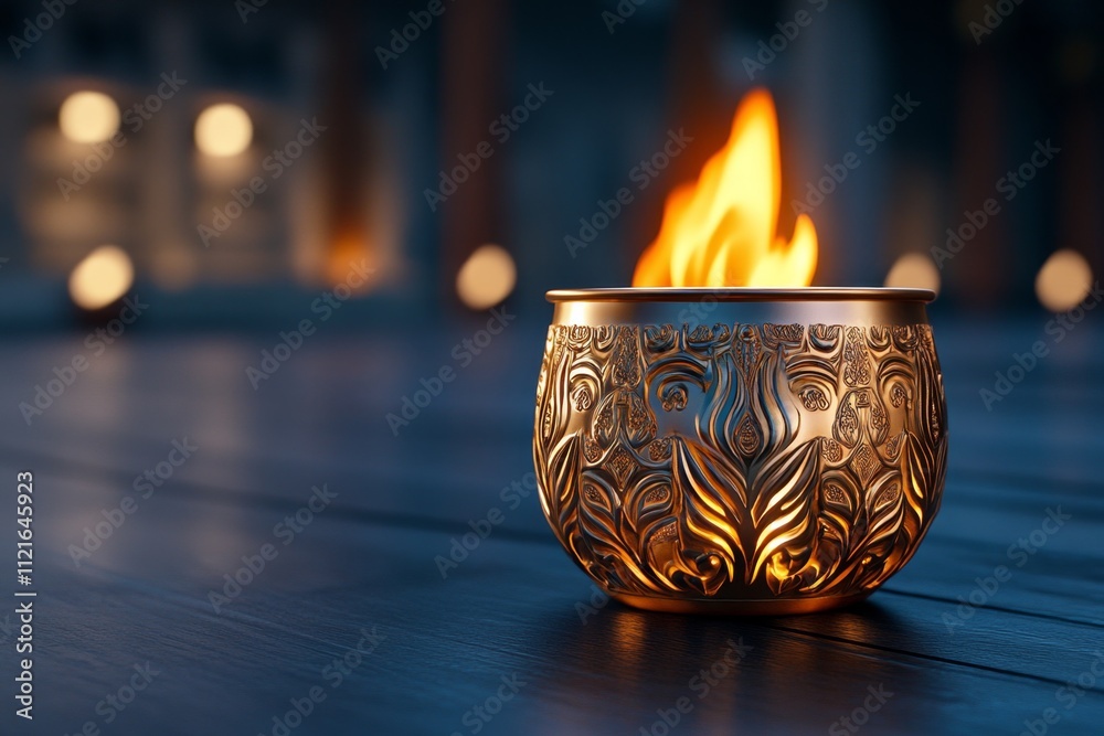 Poster a hyper-realistic close-up of a glowing diya with intricate brass carvings, illuminating its surroun