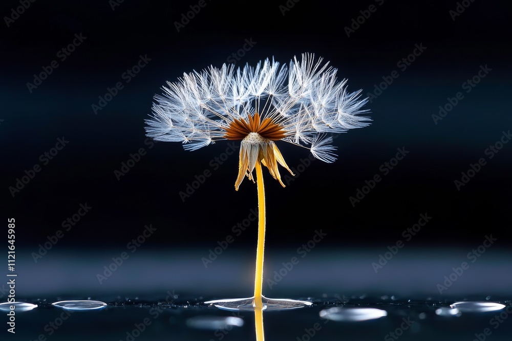 Poster A hyper-realistic close-up of a single dandelion puff, with intricate details of each seed and stem, set against a softly blurred background
