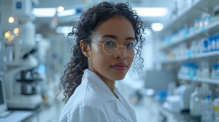 Fototapeta premium Laboratory researcher analyzing data in a modern science lab environment portrait view inspiring scientific innovation