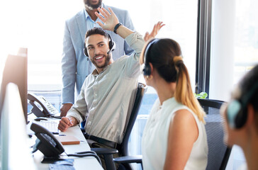 High five, success or happy man in call center for deal bonus, winning online or victory good news....