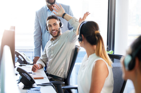High five, success or happy man in call center for deal bonus, winning online or victory good news. Coworking, people or excited inbound agent consulting for telemarketing target and sales target