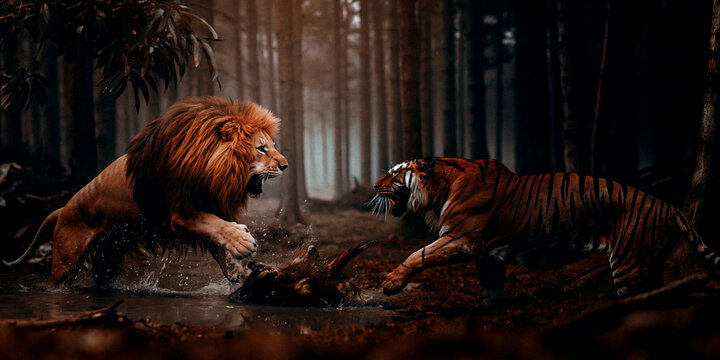 The fight between the tiger, the king of the jungle, and the lion, the king of the savannah grasslands, with facial expressions of ferocity.