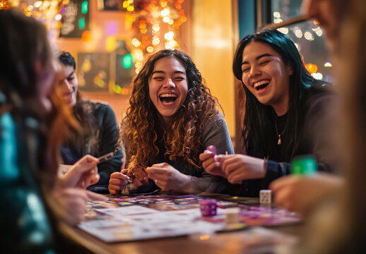 A group of friends joyfully playing a board game around a warmly lit table, their laughter and smiles reflecting the festive decorations and vibrant lights in the background. Generative AI