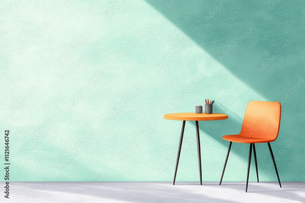 Poster a minimalist composition of a drafting table and chair, drawn with clean lines and muted pastel tone