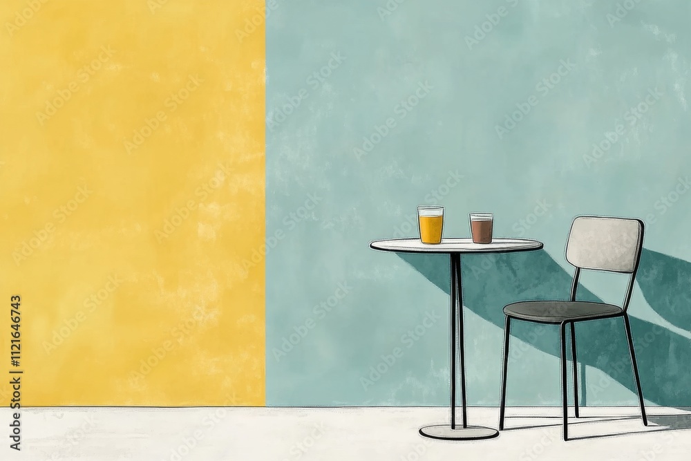 Poster a minimalist composition of a drafting table and chair, drawn with clean lines and muted pastel tone