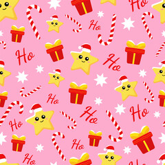 Fototapeta premium Vector pattern with a yellow star, a gift, a candy cane, the word Ho and white stars