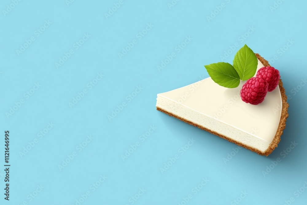 Poster A minimalist flat vector design of a single slice of cheesecake with a thin raspberry drizzle, illustrated in soft pastel tones