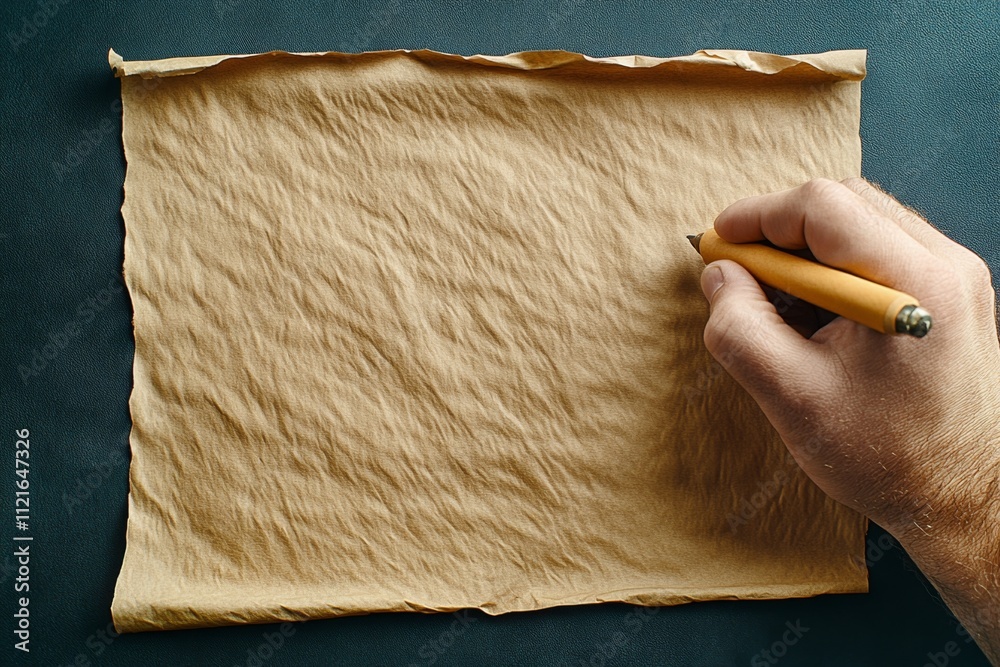 Poster a moody depiction of a designer drafting dark, intricate patterns on parchment, surrounded by shadow