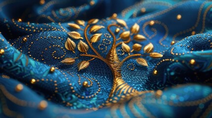 Obraz premium A detailed embroidery of a tree on a rich blue fabric, showcasing intricate designs.