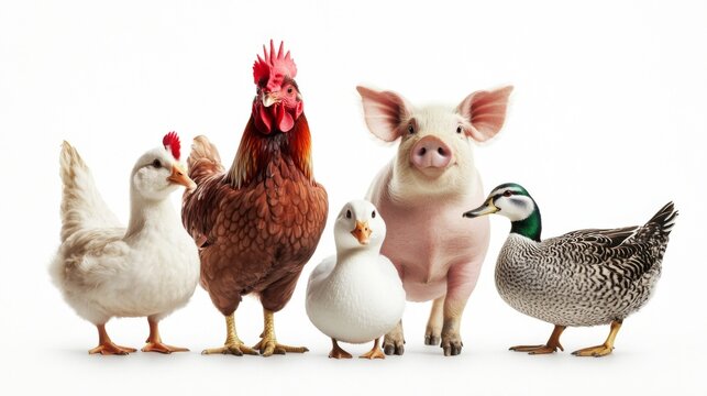 Farm Animals Chicken Pig Duck Quail White Background