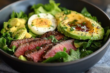 Savoring Hearty Steak and Egg Salad Kitchen Table Culinary Delight Cozy Atmosphere Close-Up Healthy Eating