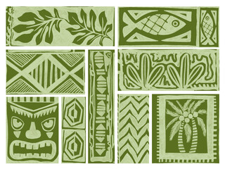 Tropical leaf hibiscus flowers Hawaiian tribal element patchwork wallpaper abstract vintage isolated © HoyaBouquet