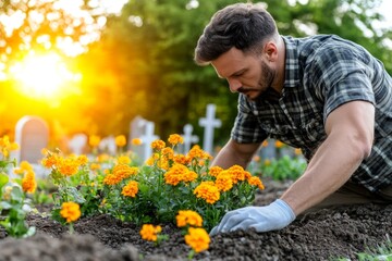 A photo of a person tending to a grave in a cemetery, with blooming flowers and sunlight breaking through the trees