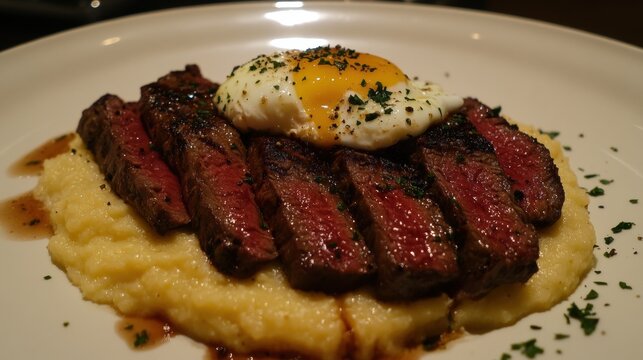 Savoring Medium Rare Steak Slices with Poached EggA Culinary Delight at Home