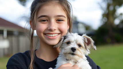 Australian girl holding pet dog playing on grass outside together