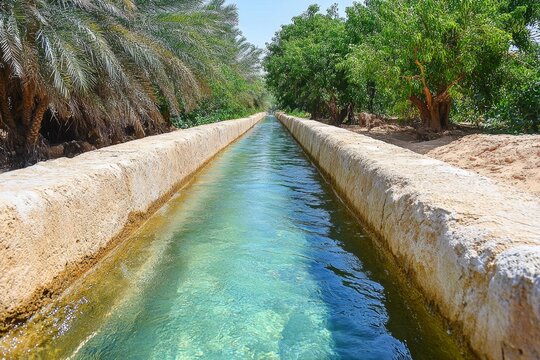 A photo of a traditional Arabian falaj (irrigation channel) running through a lush garden in Abu Dhabi, with greenery surrounding it