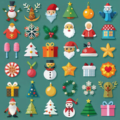 A large set of Christmas icons in a flat style, including festive symbols like Santa